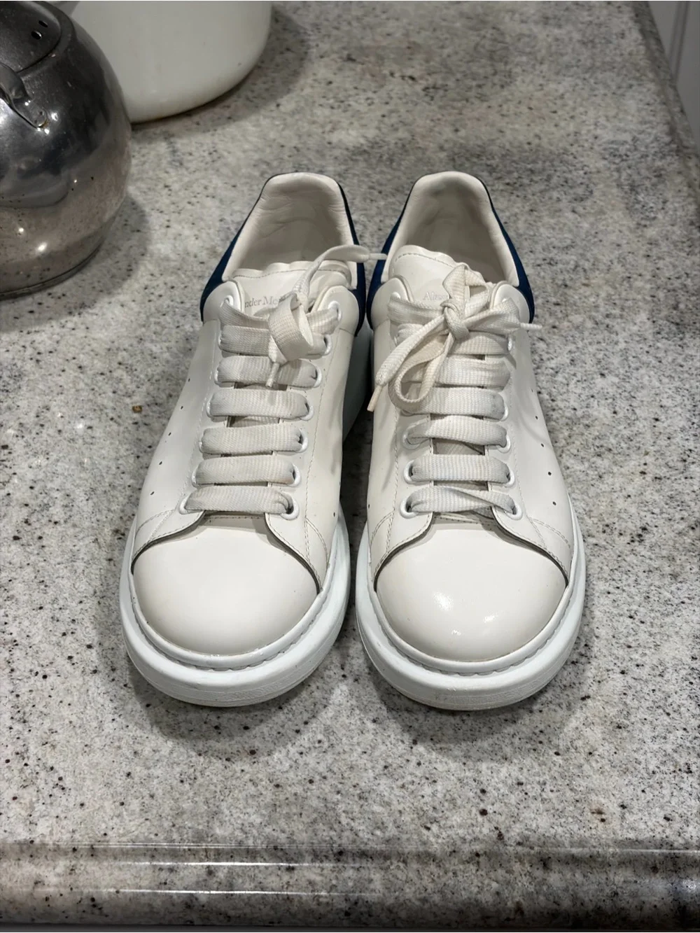 Alexander McQueen Off-White Leather Sneakers with Navy Heel
